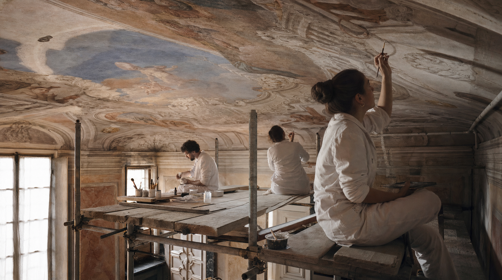 Restauratrice al lavoro su un affresco di soffitto storico a Bari